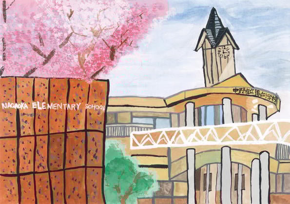 満開の桜と長丘小学校